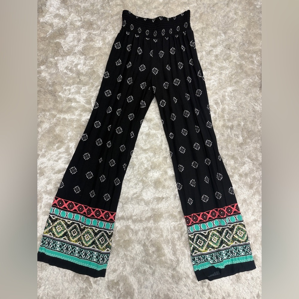 Joe Bohemian Black Soft Travel Palazzo Pants with Patterned Hem Junior M